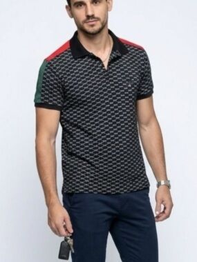 Men's Black Patterned Polo with Red & Green Shoulder Stripes (Small)